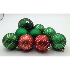 Christmas Ornaments Green & Red Matte2 Solid 7 Gold Glitter Shatterproof Set/9